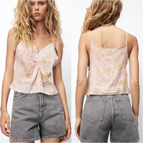 Zara NWT Women’s Pink Embroidered Tie Dye Sleeveless Boho Cami Crop Top Size L - Picture 1 of 12